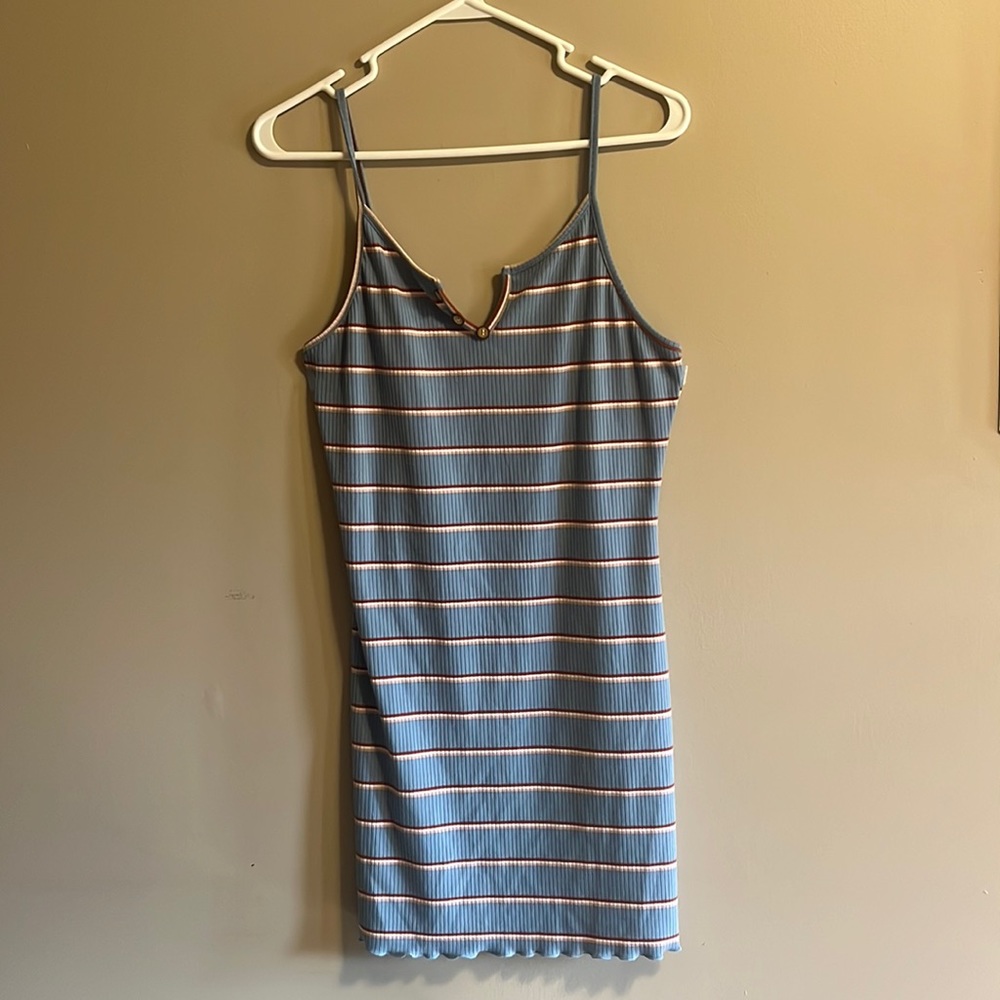 Romwe blue striped mini dress (red, white, and tan/pink stripes) buttons
